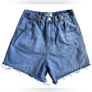 Blue Jean Shorts with Frayed Hem and Distressed Look